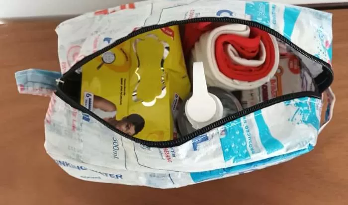 The “Oblayo Bag” a recycled bag containing menstruation products.