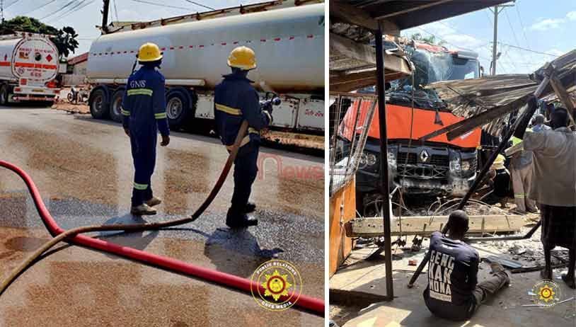 Rapid response by Hohoe firefighters averts disaster after petrol tanker crashes into power line and shop